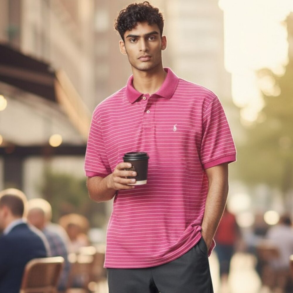 Polo Ralph Lauren Mens Large Pink Striped Cotton Short Sleeve Polo Shirt L
